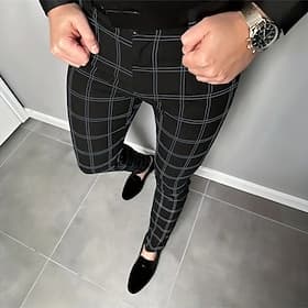 Men's Geometric Grid / Plaid Dress Pants Trousers Suit Pants Mid Waist Business Casual Formal Dailywear Slim Fit Pants with Pockets Spring Fall 3D Print Black