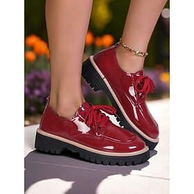 Women's Red Patent Leather Oxford Shoes – Chunky Sole Lace-Up Flats for Daily Wear, School Urban Street Style