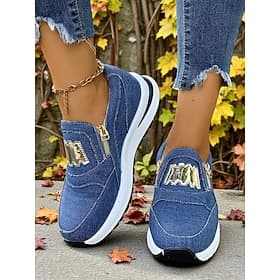 Damen-Slip-On-Sneaker aus Denim mit goldenen Details – leichte, lässige Wanderschuhe mit seitlichem Reißverschluss zum Einkaufen, für den Weg zur Arbeit und Wo
