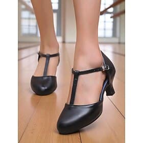 Chaussures de danse latine à bride en T noires pour femmes - Chaussures à talons confortables à bout fermé avec boucle réglable, chaussures de performance prof