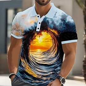 Homme Océan Coucher du soleil Polo Manche Courte Polos Occasionnel Rue Athleisure Tenue quotidienne Impression 3D Boutons Été Bleu Bleu Ciel