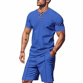 Men's Waffle Shirt T-shirt Suits 2 Pieces Outfits Tee Shorts Short Sleeve V Neck Summer Plain Fashion Casual Lace up 2 Piece Vacation Daily Wear Going out Bla