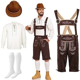 Oktoberfest Lederhosen Chemise Chapeau alpin Bavarois Allemand Prairies Homme Carnaval Soirée Fête de la Bière Tissu de style traditionnel Chemisier Shorts Ten
