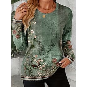 Women's T shirt Long Sleeve Crew Neck Long Sleeve Tunic Ombre Floral Graphic Vintage Stylish Classic Round Neck Regular Tops Daily Print Sage Green Fall Prefal