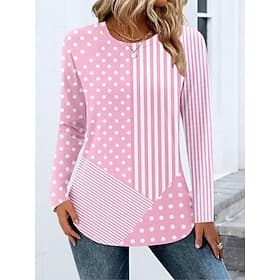 Women's T shirt Crew Neck Long Sleeve Tunic Graphic Geometric Striped Vintage Stylish Round Neck Regular Tops Daily Print Pink Fall