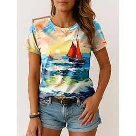 Women's T Shirt Print Ombre Graphic Vintage Stylish Classic Short Sleeve Crew Neck Regular Tops Daily Weekend Blue Yellow Purple Summer Spring