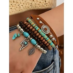 Women's Boho Beaded Layered Charm Bracelet Set – Vintage Style Wooden, Turquoise, and Suede Leather Bracelets with Leaf and Geometric Pendants, Ideal for Casua