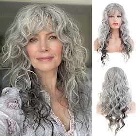 Perruque grise longue et bouclée pour femme, cheveux synthétiques résistants à la chaleur, pour cosplay, fête, avec frange