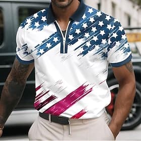 4th of July 2026 250th Men's American US Flag Zip Polo Shirts Short Sleeve Polo Shirts Collared Shirts Casual Athleisure Daily Wear 3D Print Summer Red Navy Bl