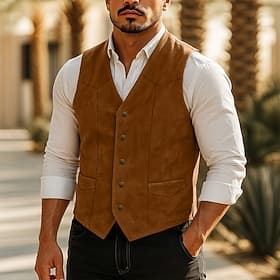 Men's Faux Suede Vest Western Vest Waistcoat Formal Wedding Vacation Business Fashion Cowboy Spring Fall Pocket Classic Buttons 100%Polyester Faux Suede Comfor
