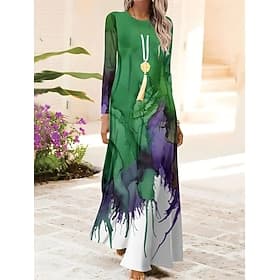 Damen Maxikleid Shiftkleid A Linie Kleid Party Lässig Boho Täglich Date Ausgehen Normale Passform Ombre Grafik Batik Langarm Rundhalsausschnitt Rote Blau Orang