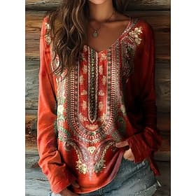 Women's Boho T shirt Long Sleeve Floral Graphic Plants Vintage Stylish Casual Long Sleeve V Neck Regular Tops Daily Weekend Print Sage Green Pink Red Purple Gr