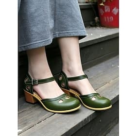 Grüne Mary-Jane-Pumps aus Kunstleder im Vintage-Stil für Damen mit Cut-out-Design und verstellbarem Riemen – bequeme Retro-Schuhe mit Blockabsatz für legere un