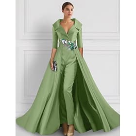 Ligne A Longueur au sol Broderie perlée Robe de Cérémonie Robe de la mère de la mariée Robe de Soirée Élégant Bloc de Couleur Fente Haute Demi Manches Col de c