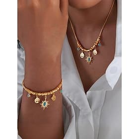Ensemble collier et bracelet en alliage d'or pour femme avec breloques turquoise en forme de soleil et d'arbre – bijoux bohème chic pour les fêtes, les vacance
