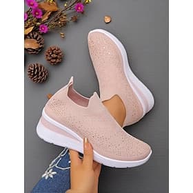 Women's Pink Rhinestone Flyknit Slip-On Sneakers – Breathable Lightweight Wedge Shoes for Walking, Fitness and Casual Everyday Wear