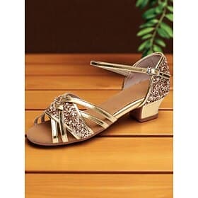 Women's Gold Glitter Latin Dance Shoes with Low Block Heel, Ankle Strap, Open Toe - Professional Ballroom Performance Footwear for Competitions and Practice
