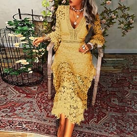 Femmes Robe Longue Maxi Robe Robe en Dentelle Robe Décontractée Robe d'été Mode Moderne Quotidien Plage Week-end Coupe régulière Uni manche longue Col en V Ble