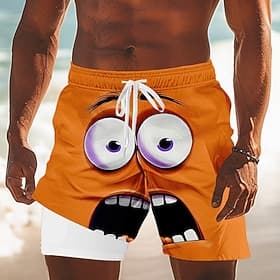 Homme Dessin Animé 3D Drôle Visage Souriant Short doublé Short de bain 2 en 1 Shorts de bain Taille Moyenne Hawaïen Fête Poches Latérales Avec doublure de comp
