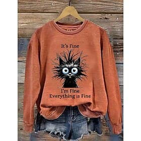 Women's Pullover Sweatshirt Print Graphic Cat Letter Fashion Casual Long Sleeve Crew Neck Regular Tops Casual Street Dailywear Blue Purple Orange Green Gray Fa