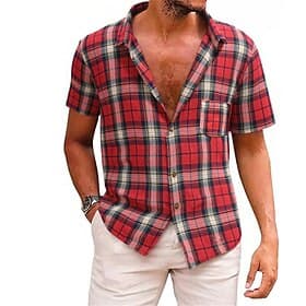 Men's Shirt Summer Shirt Casual Shirt Beach Shirt Button Up Shirt Yellow Red Green Short Sleeve Plaid Lapel Vacation Hawaiian Pocket Clothing Apparel Polyester