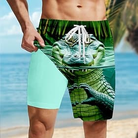 Men's Animal Crocodile Funny Lined Shorts 2 in 1 Board Shorts Swim Shorts Mid Waist Hawaiian Holiday Side Pockets With Compression Liner Elastic Drawstring Wai