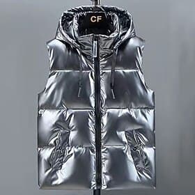 Men's Puffer Vest Vest Gilet Vacation Daily Date Fashion Casual Fall Winter Pocket Polyester Warm Comfortable Solid Color Zipper Hooded Regular Fit Silver Bla
