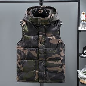 Men's Puffer Vest Vest Gilet Vacation Daily Date Fashion Casual Winter Pocket Polyester Warm Comfortable Camouflage Zipper Hooded Regular Fit Black Green Light