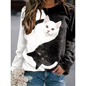 Women's T shirt Long Sleeve Graphic Animal Cat Vintage Stylish Classic Long Sleeve Crew Neck Round Neck Regular Tops Daily Print Black and White Spring Fall P