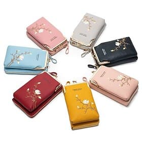 Women Sling Cross-Body Wallet with Mobile Cell Phone Holder Stylish Embroidered Mini Shoulder Bag Multifunctional Ladies Purse Casual Fashion Small Crossbody H