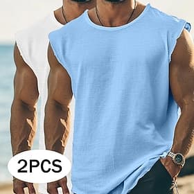 Men's T Shirt Sleeveless Short Sleeve Cap Sleeve Crew Neck Round Neck Summer Plain Textured Fashion Classic Casual 2 Piece Plain Multi-pack Casual Street Sport