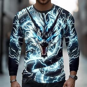 Men's Dragon Lightning 3D T Shirt Long Sleeve T shirt 3D Print Crew Neck Shirt Fashion Basic Casual Daily Street Blue Purple Green Summer Spring Clothing Appar