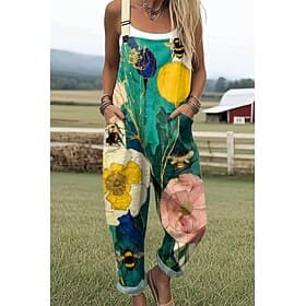 Damen 100% Baumwolle Latzhosen Aktive Blumen Ärmellos Ärmellos Gerade Quadrat Ausschnitt Tasche mit Tasche Urlaub Täglich Lockere Passform Hellgrün Blau Grün S