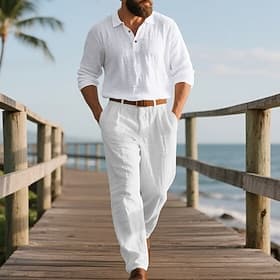 Men's Linen Set T-shirt Suits Shirt and Pant Sets 2 Pieces Outfits Long Sleeve Lapel Spring Fall Plain Fashion Casual 2 Piece Vacation Daily Wear Going out Bla