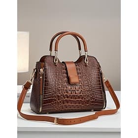 Women's Croc-Embossed Top-Handle Satchel – Structured Medium Tote Handbag with Detachable Crossbody Strap, Zip Accents Gold Hardware for Work, Office, Travel