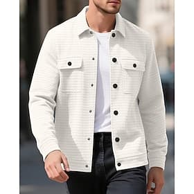 Men's Waffle Jacket Shirt Jacket Casual Jacket Vacation Daily Breathable Jacquard Pocket Spring Fall Plain Fashion Classic Lapel Regular Black White Khaki Army