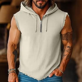 Herren Leinenhemd Tank Top Weste Unterhemd Ärmellos Mit Kapuze Sommer Ganzjahres Einfach Mode Streetwear Klassisch Viertel Postleitzahl Lässig Fitnessstudio St
