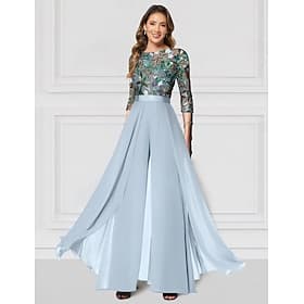 Overall Hosenanzug Bodenlang Perlenbestickt Abendkleid Kleid der Brautmutter Brautmutterkleid Halbarm Illusionsausschnitt Elegant Vintage Hochzeitsgast Kirche