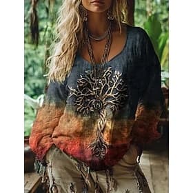 Femmes Chemise Bohème Chemisier Imprimé Fleuri ancien Quotidien Occasionnel manche longue Col en V Hauts Réguliers Quotidien Fête Bleu Jaune Rouge Violet Vert