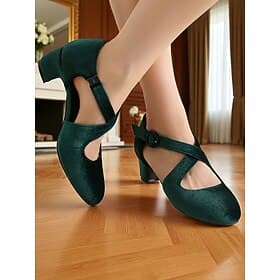 Women's Green Velvet Mary Jane Pumps – 1950s Retro Cross Strap Block Heel Shoes for Gatsby Party, Cocktail and Formal Events