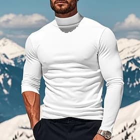 Men Cotton T Shirt Tee Top Long Sleeve Shirt Mock Turtleneck Long Sleeve Turtleneck Pile Neck Winter Spring Fall Solid Color Daily Casual Street Style High N