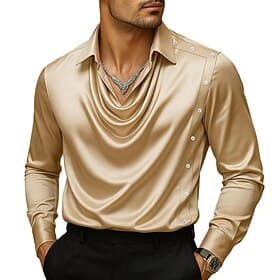 Men's Shirt Silk Like Satin Shirt Casual Shirt Plain Formal Wedding Black Wine Navy Blue Gold Long Sleeve Cowl Neck Spring Fall All Seasons Clothing Apparel