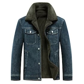 Men's Winter Jacket Fleece Jacket Denim Jacket Vacation Daily Thermal Warm Pocket Fleece Fall Winter Plain Fashion Streetwear Lapel Regular Black Blue Dark Gra