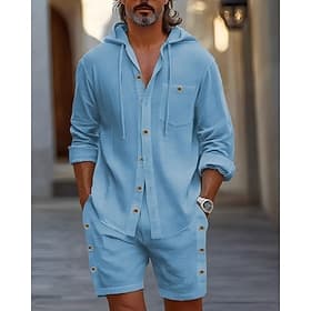 Men's Linen Shirt T-shirt Suits 2 Pieces Outfits Tee Shorts Long Sleeve Hooded Summer Spring Plain Fashion Casual 2 Piece Button-Down Vacation Daily Wear Goin