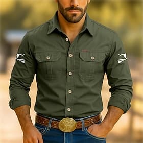Men's Work Shirt Western Shirt Cargo Shirt Black Army Green Dark Blue Long Sleeve Cow Print Turndown Sports Outdoor Casual Clothing Apparel Casual Tactical