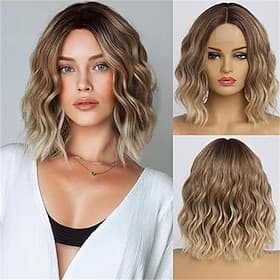 Short Ombre Blonde Wavy Wig for Women 12 Inch Shoulder Length Middle Part Curly Wavy Bob Wig Natural Looking Synthetic Heat Resistant Fiber Wig for Daily Party