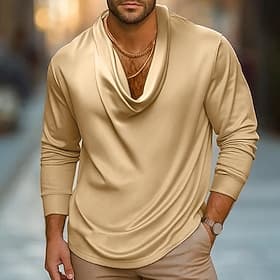 Herren Hemd Seidenartig Satinhemd Freizeithemd Einfarbig Lässig Täglich Schwarz Marineblau Purpur Gold Langarm Stapelhals Herbst Frühling Herbst Bekleidung Ge