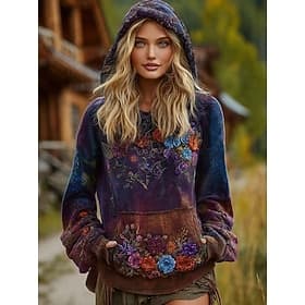 Women's Pullover Hoodie Sweatshirt Patchwork Print Front Pocket Floral Graphic Vintage Casual Boho Long Sleeve Hooded Regular Tops Street Dailywear Purple Spri