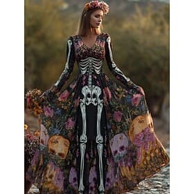 Damen Skelett Maxikleid Faltenkleid Boho Date Ausgehen Reguläre Passform Schädel Lange Ärmel V-Ausschnitt Schwarz Orange Hellorange Herbst