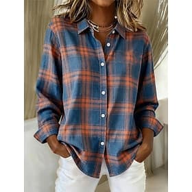 Women's Shirt Blouse Patchwork Buttons Print Plaid Casual Long Sleeve Shirt Collar Regular Tops Daily Blue Black Pink Red Dusty Blue Fall Winter